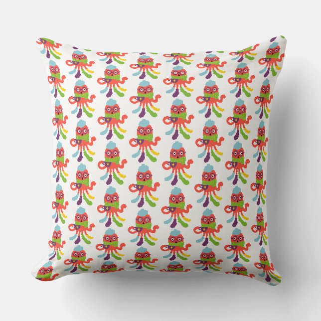 Coussin Mignon pieuvre malade pixelisée colorée (Recto)