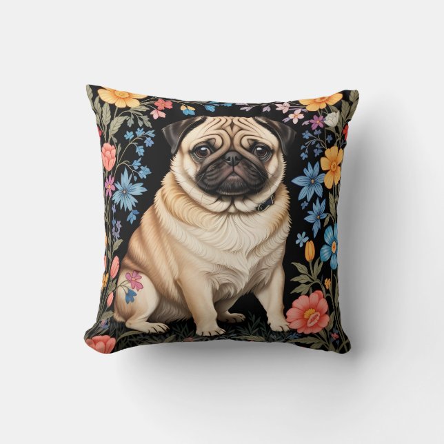Coussin Mignon Pug Élégant Floral Coloré (Recto)