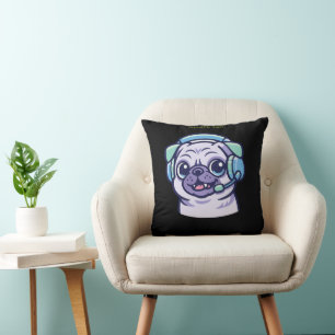 Coussin Mignon Pug Gamer Vert Acide Chambre de jeu Noir