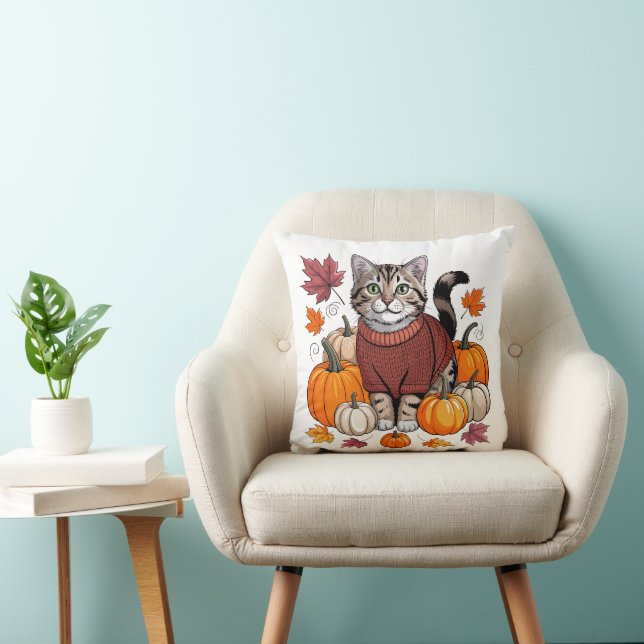 Coussin Mignon pull d'automne pour chaton | Citrouilles d' (Chaise)