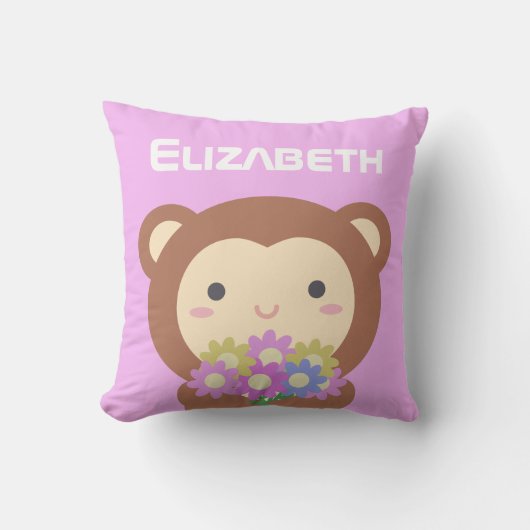 Coussin Mignon Singe Kawaii avec des Fleurs  (Recto)