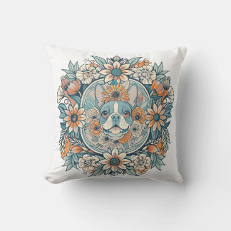 Coussin mignon—tête-heureux-boston-terrier-chien-avec-fleu