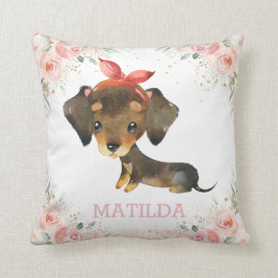 Coussin Mignonne Adorable Dachshund Dog Blush Rose Floral 