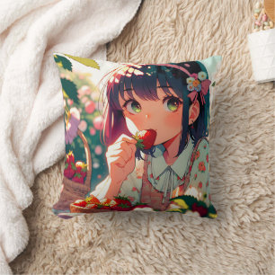 Coussin Mignonne Anime Girl Mange des fraises