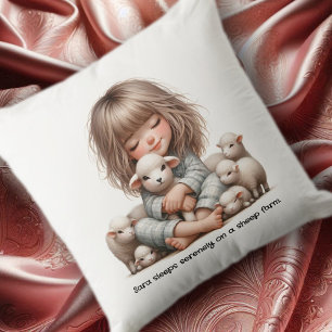Coussin Mignonne fille dort sur une ferme à moutons