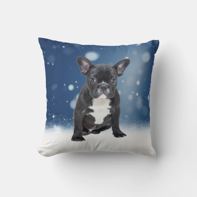 Coussin Mignonne French Bulldog Etoiles de neige Bleu Noël (Recto)