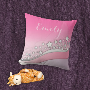 Coussin Mignonne Girly Dreamy Stars en argent sur Blush Pi