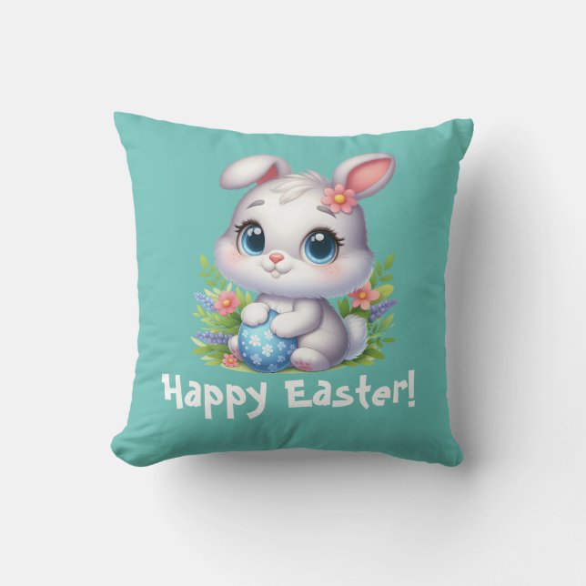 Coussin Mignonne lapin blanc de Pâques avec oeuf (Recto)