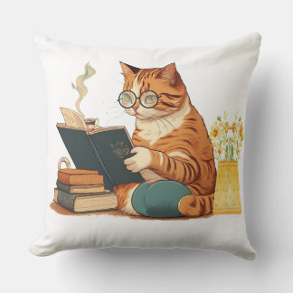 Coussin mignonne maman chat lire un livre et boire du café