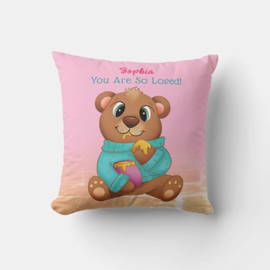 Coussin Mignonne Ours Manger du miel, Nom et message de l' (Recto)