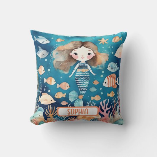 Coussin Mignonne petite sirène sous la mer avec du poisson (Recto)