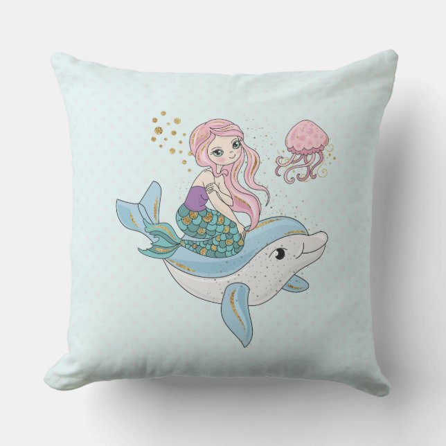Coussin Mignonne sirène chevauchant un dauphin sous la mer (Recto)