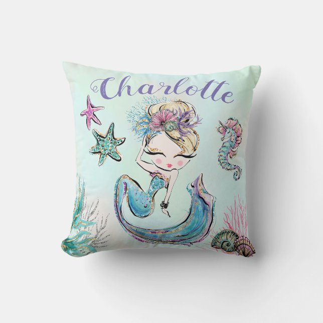 Coussin Mignonne sirène de Parties scintillant avec cheveu (Recto)