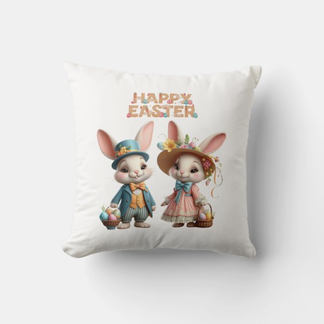 Coussin Mignonne, Whimsical Joyeuse Pâques avec 2 lapins (Recto)