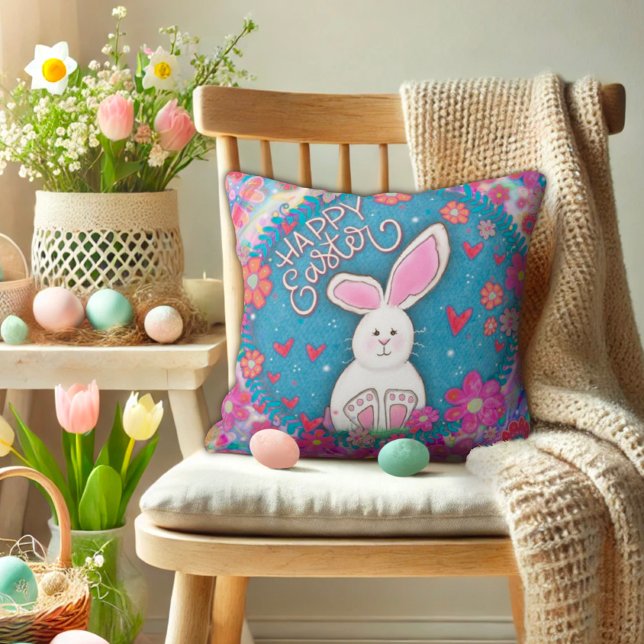 Coussin Mignonne Whimsical Joyeux Bunny de Pâques Inspiriv (Créateur téléchargé)
