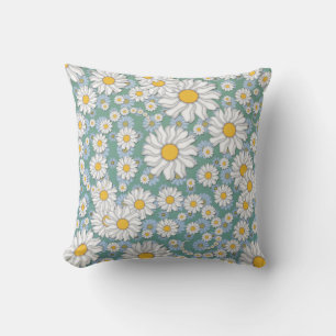 Coussin Mignonnes marguerites blanches sur Dusty Turquoise
