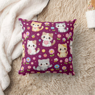 Coussin Mignons chatons Kawaii et fleurs pastel