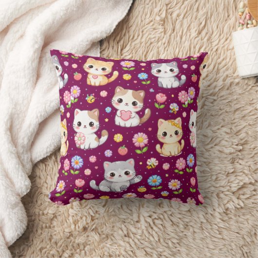 Coussin Mignons chatons Kawaii et fleurs pastel (Couverture)