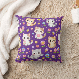 Coussin Mignons chatons Kawaii et fleurs pastel