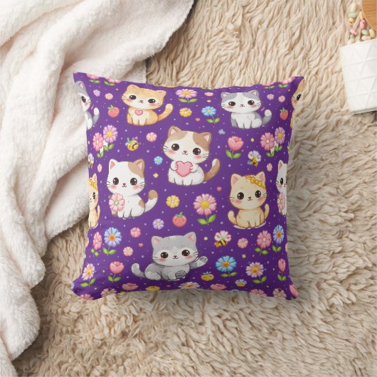 Coussin Mignons chatons Kawaii et fleurs pastel (Couverture)