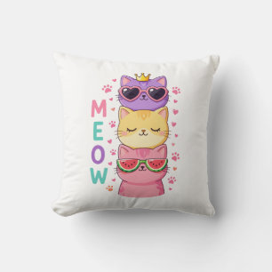 Coussin Mignons chats kawaii empilés lunettes Meow