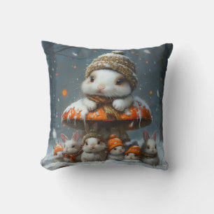 Coussin Mignons lapins d'hiver avec jet de pilon de champi