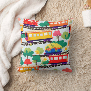 Coussin Mignons trains et motif d'arbres bleu
