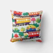 Coussin Mignons trains et motif d'arbres bleu (Recto)