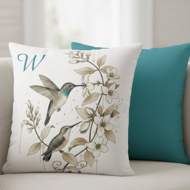Coussin Minimalist Hummingbird & Floral Decorative Pillow (Hummingbird monogram decorative pillow)