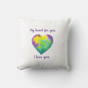 Coussin Minimaliste Je t'aime coeur d'aquarelle arc-en-cie