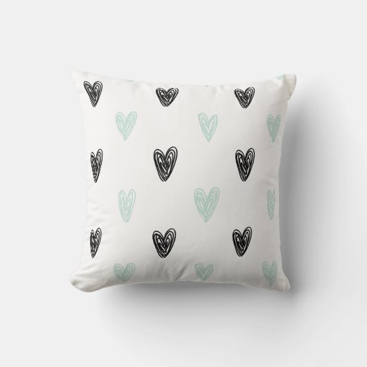Coussin Mint & Black Hearts Doodles Motif Personnalisé (Recto)