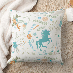 Coussin Mint Coral bleu tendance Unicorne et motif floral