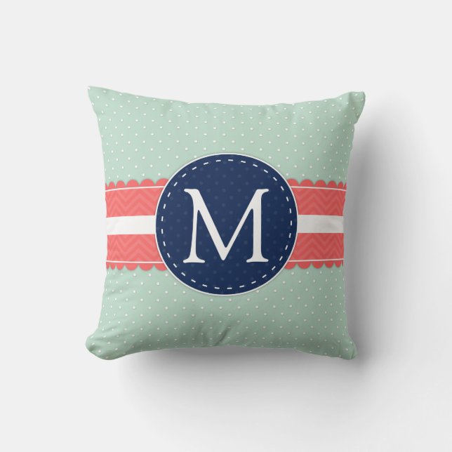 Coussin Mint Polka Point Motif Coral Navy Blue Monogramme (Recto)