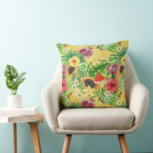 Coussin Mix-fruit tropical, fleurs et feuilles sur jaune
