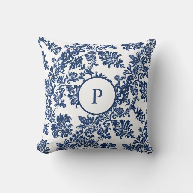 Coussin Modèle bleu Damas de la marine classique (Recto)