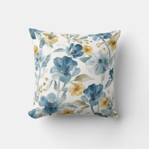 Coussin Modèle botanique de fleurs de jardin jaunes bleus