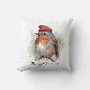 Coussin Modèle de chapeau rouge à aquarelle de rouge-gorge