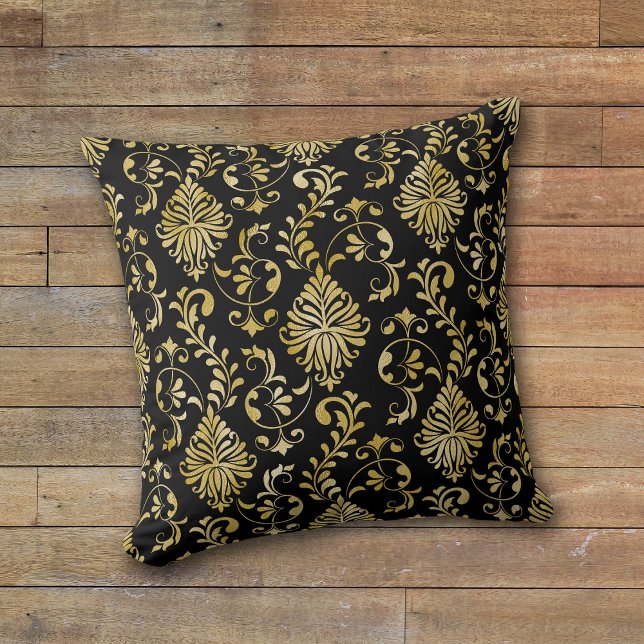 Coussin Modèle de Damas de torsion d'or sur noir (Créateur téléchargé)