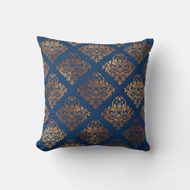 Coussin Modèle de Damas d'or en cuivre bleu marine (Recto)