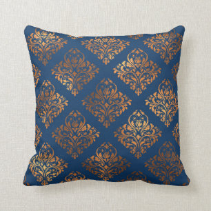 Coussin Modèle de Damas d'or en cuivre bleu marine