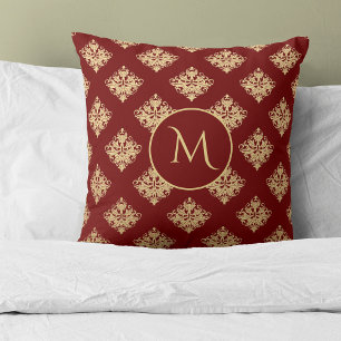 Coussin Modèle de Damas d'or Monogramme sur rouge