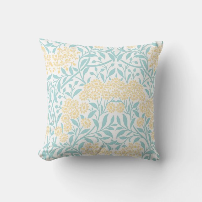 Coussin Modèle de Damas florales d'Aqua jaune (Recto)
