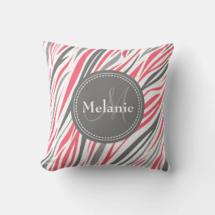 Coussin Modèle de zèbre rose et gris monogramme