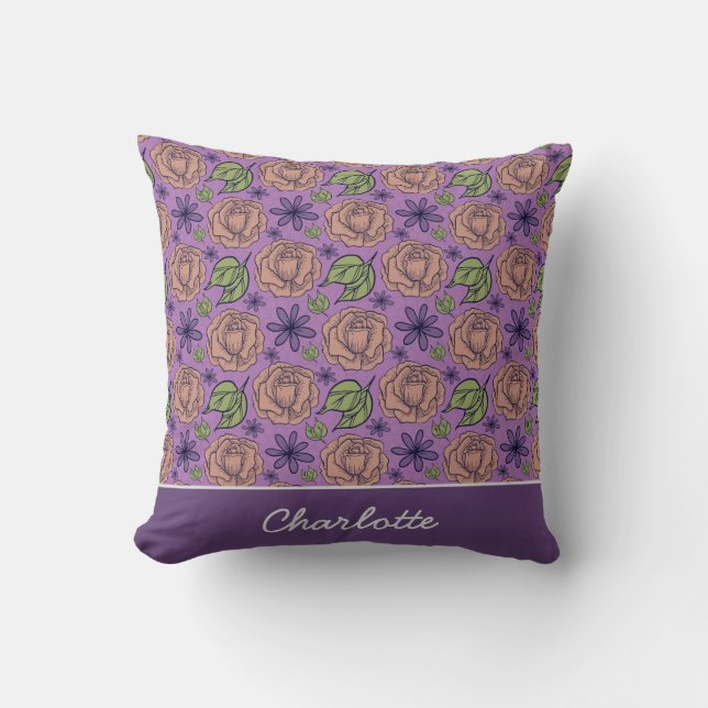 Coussin Modèle fleuri violet grande fleur avec nom (Recto)