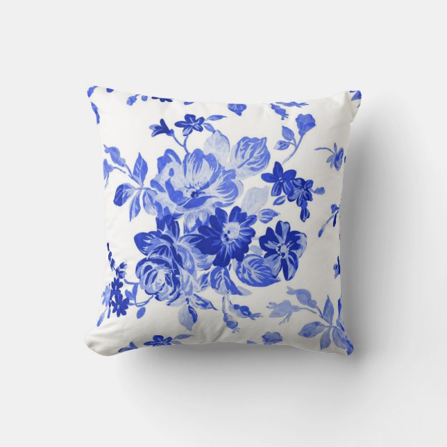 Coussin Modèle Floral bleu vintage et blanc (Recto)