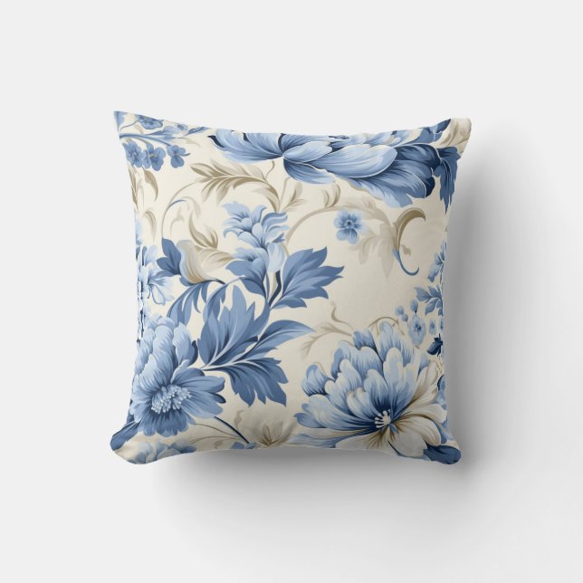 Coussin Modèle Floral bleu Vintage inspiré (Recto)