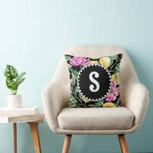 Coussin Modèle floral citron et tulipes Citrus Monogramm