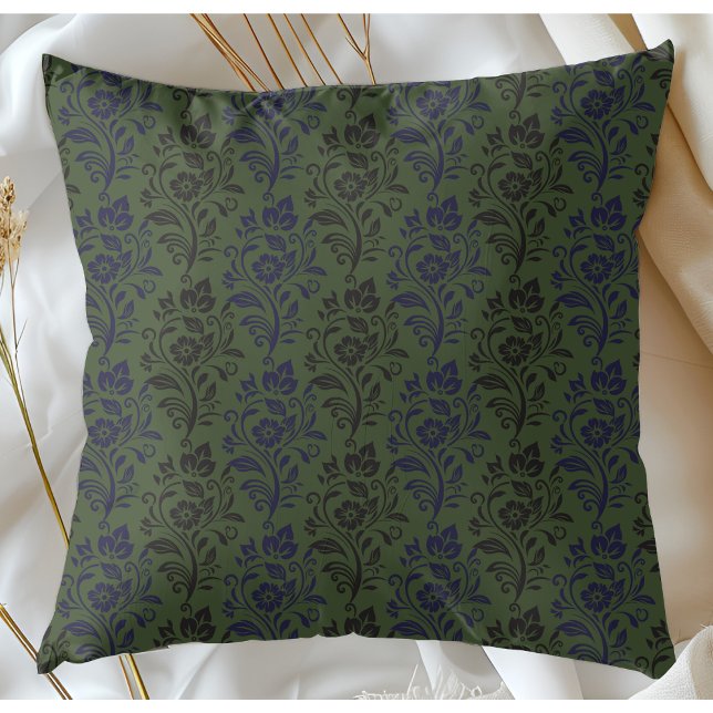 Coussin Modèle Floral Moderne Gris Bleu Sur Vert (Créateur téléchargé)