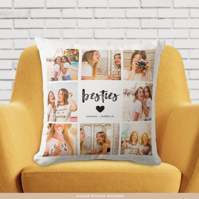 Coussin Modern Besties Name Photo Collage BFF (Add your favorite pictures and choose 16 x 16 inches or 20 x 20 inches.)