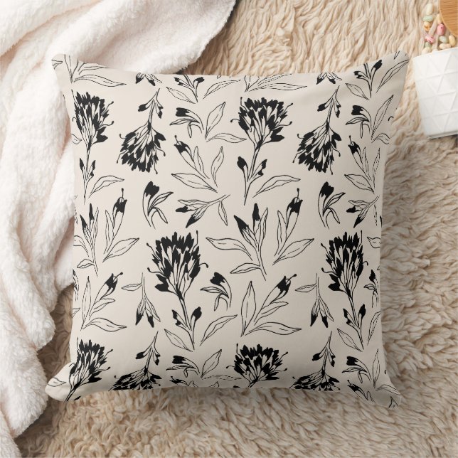Coussin Modern Black Botanical Floral Sketch Pattern (Couverture)